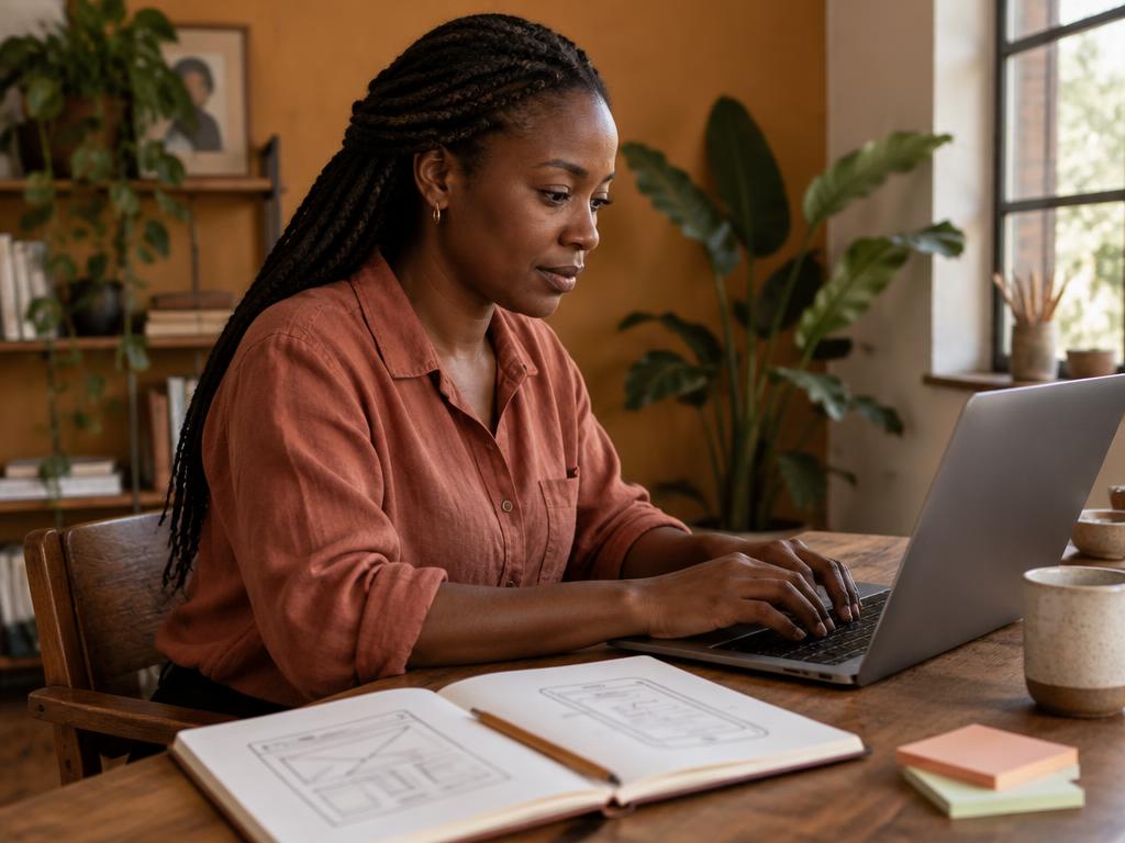 An adult learner building a practical digital project on her laptop, with website and app wireframe sketches in her notebook.