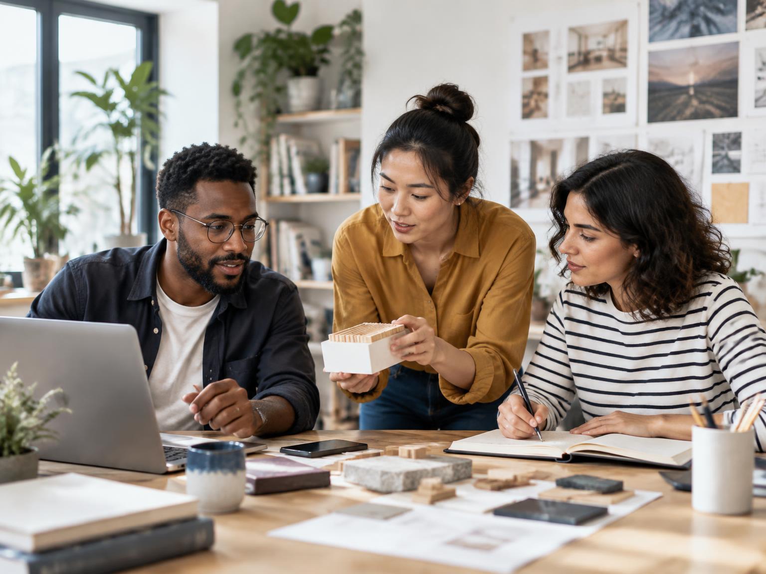 Three adult learners collaborating with a laptop, notebook, and practical design materials in a bright creative workspace.