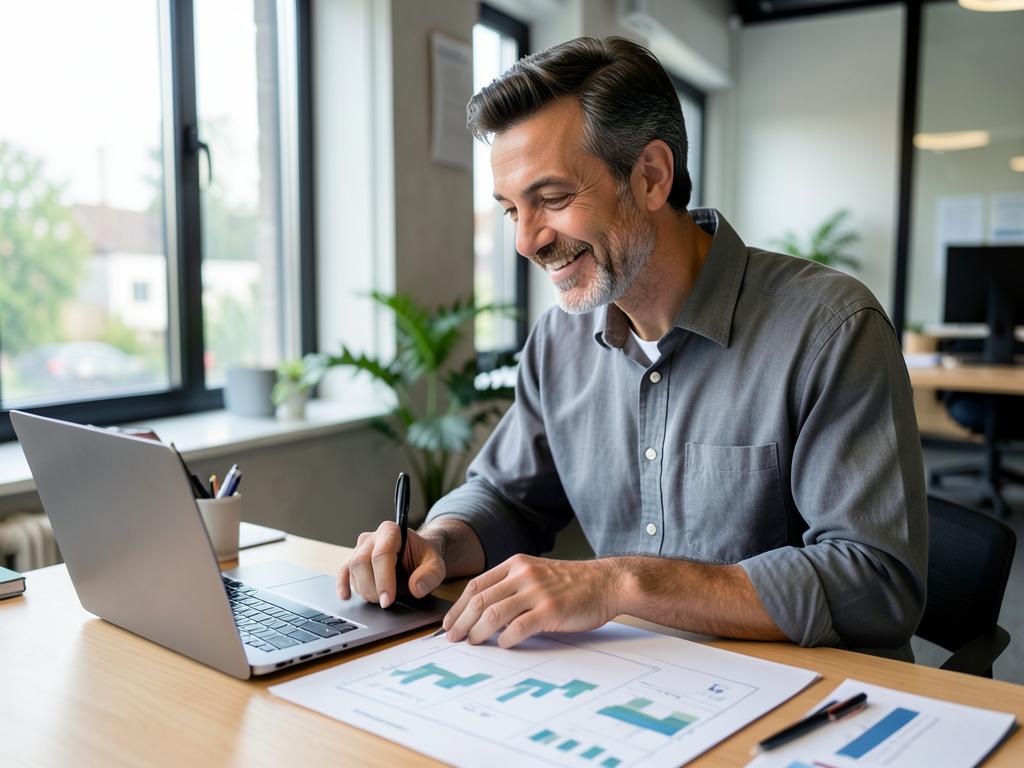 An adult professional developing a business plan beside a laptop in a shared workspace.