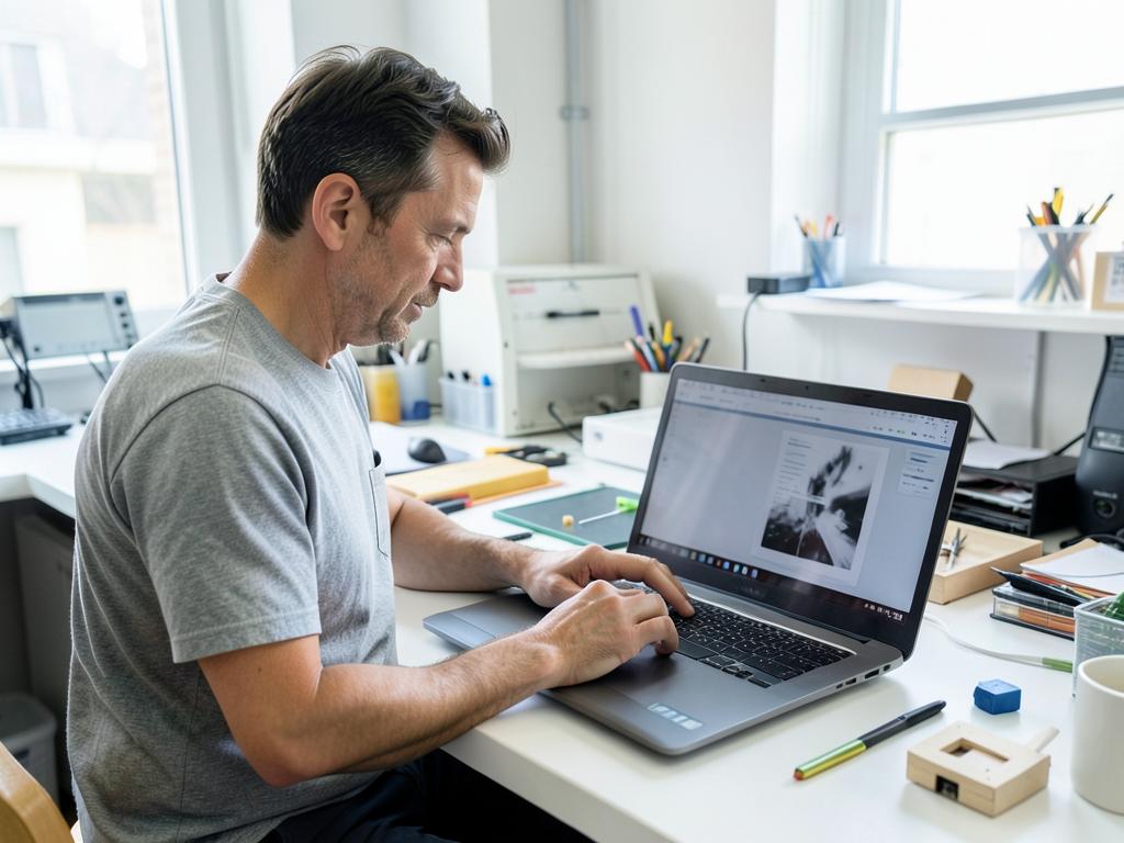 An adult learner using a laptop and creative technology tools in a bright workspace.